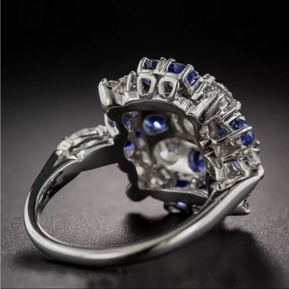 New 925 Flower Shape Blue Zircon Wedding Love Engagement Ring - Picture 5 of 6